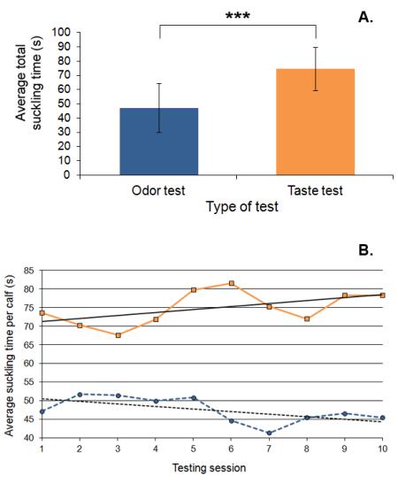 A. Average total suckling time for the odor test (n = 51, mean = 47.13, S.D. = 17.35) versus the taste test (n = 51, mean = 74.61, S.D. = 15.26).  B. Variation in the average total suckling time per calf across the ten consecutive testing sessions (odor test: circular marks, taste test: square marks).