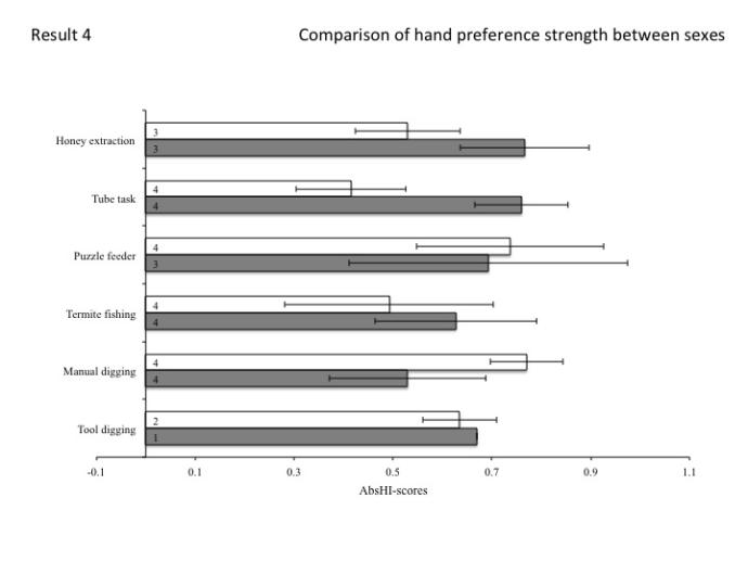 Differences between males (white bars) and females (grey bars) in strength of hand preference based on the AbsHI-score (± SE) per sex and task. The numbers included in each bar represent the number of individuals from which data were available.